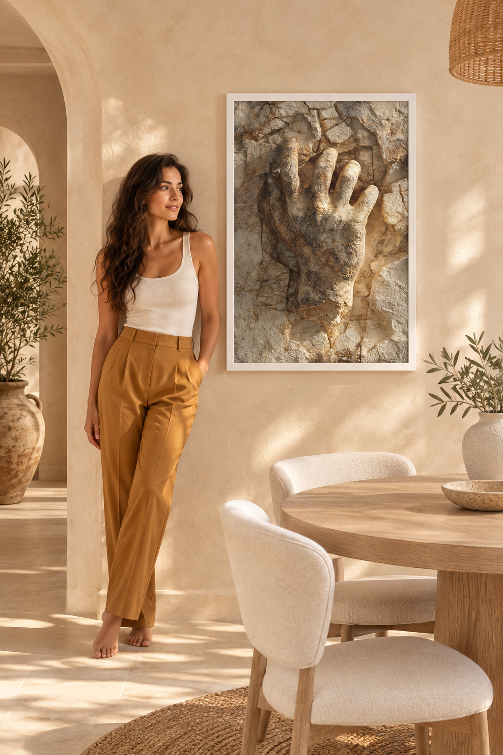De Hand in de Rots — Égérie Cassili in een karamelkleurige broek ernaast
