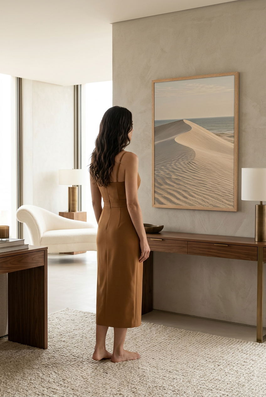 The Sand Crest — poster in an oak frame above a sideboard, with a woman standing