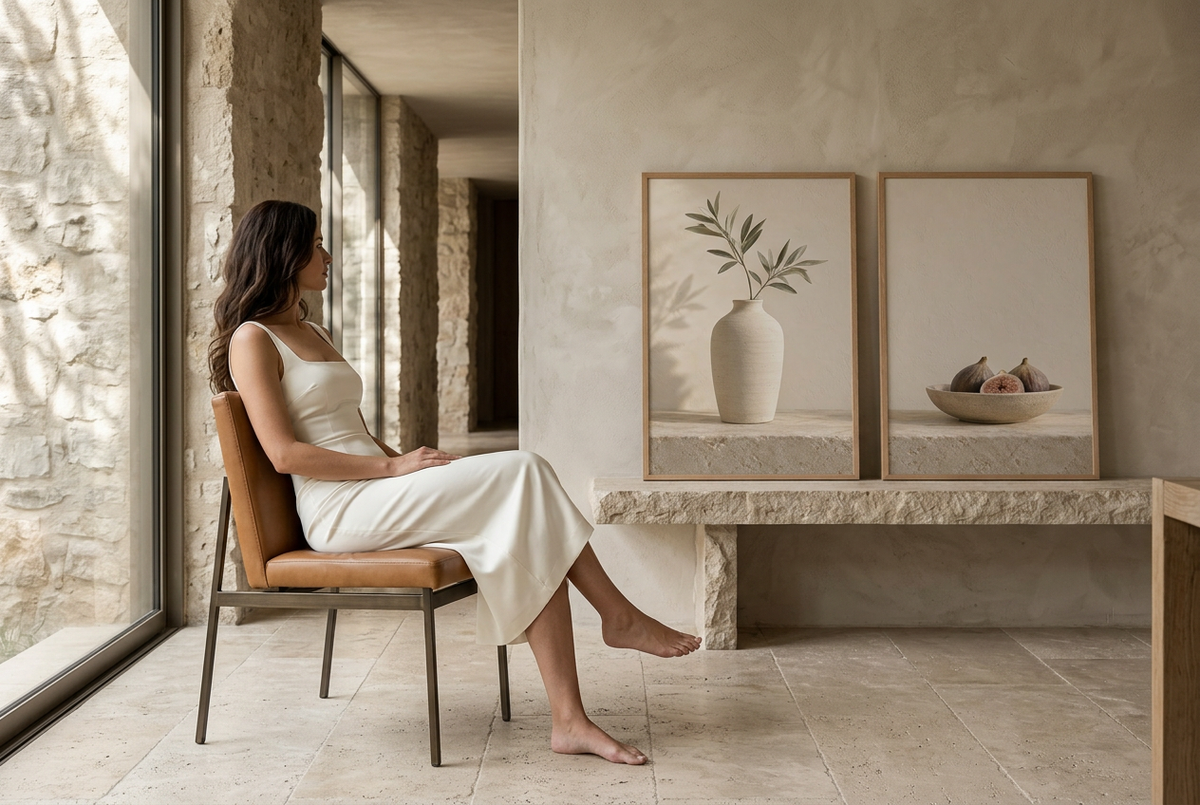 La Credenza di Pietra — dittico con cornici in rovere sopra una credenza, con una donna seduta