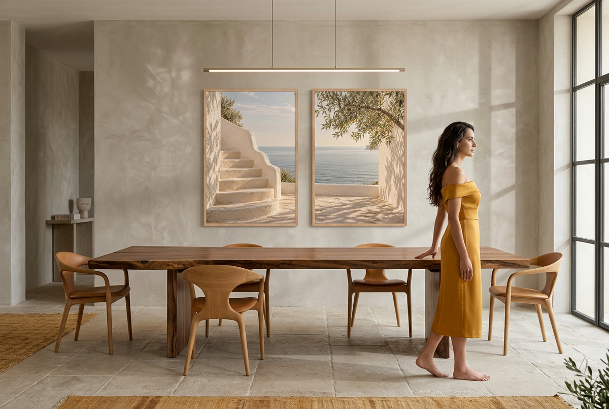 La Terrazza sul Mare — dittico con cornici in rovere in una sala da pranzo, con una donna in piedi
