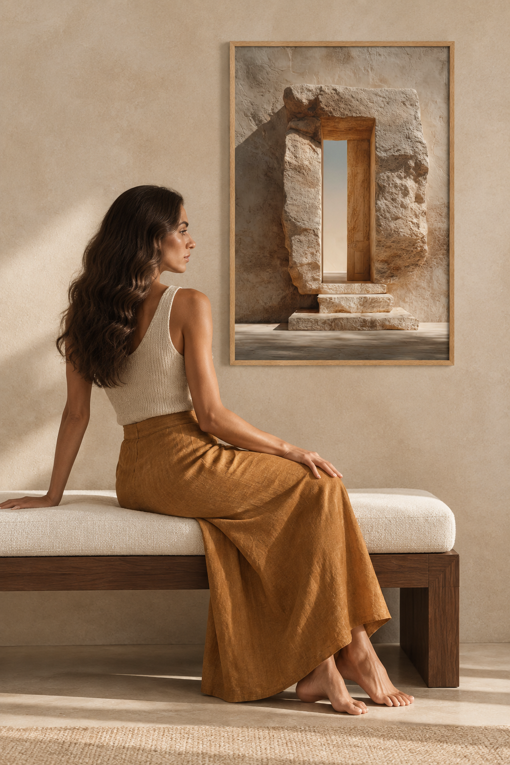 The Hewn Passage — Égérie Cassili seen from behind, sitting on a bench below it