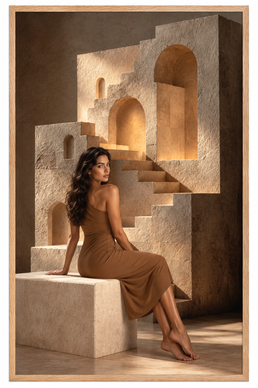 Égérie Cassili assise dans le décor de L’Escalier Impossible