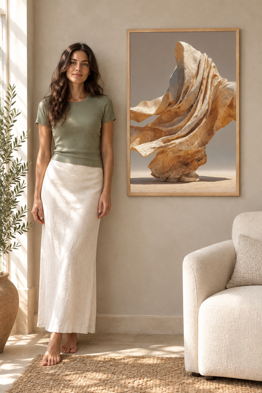 The Drape in the Wind — Égérie Cassili in sage and ivory beside it