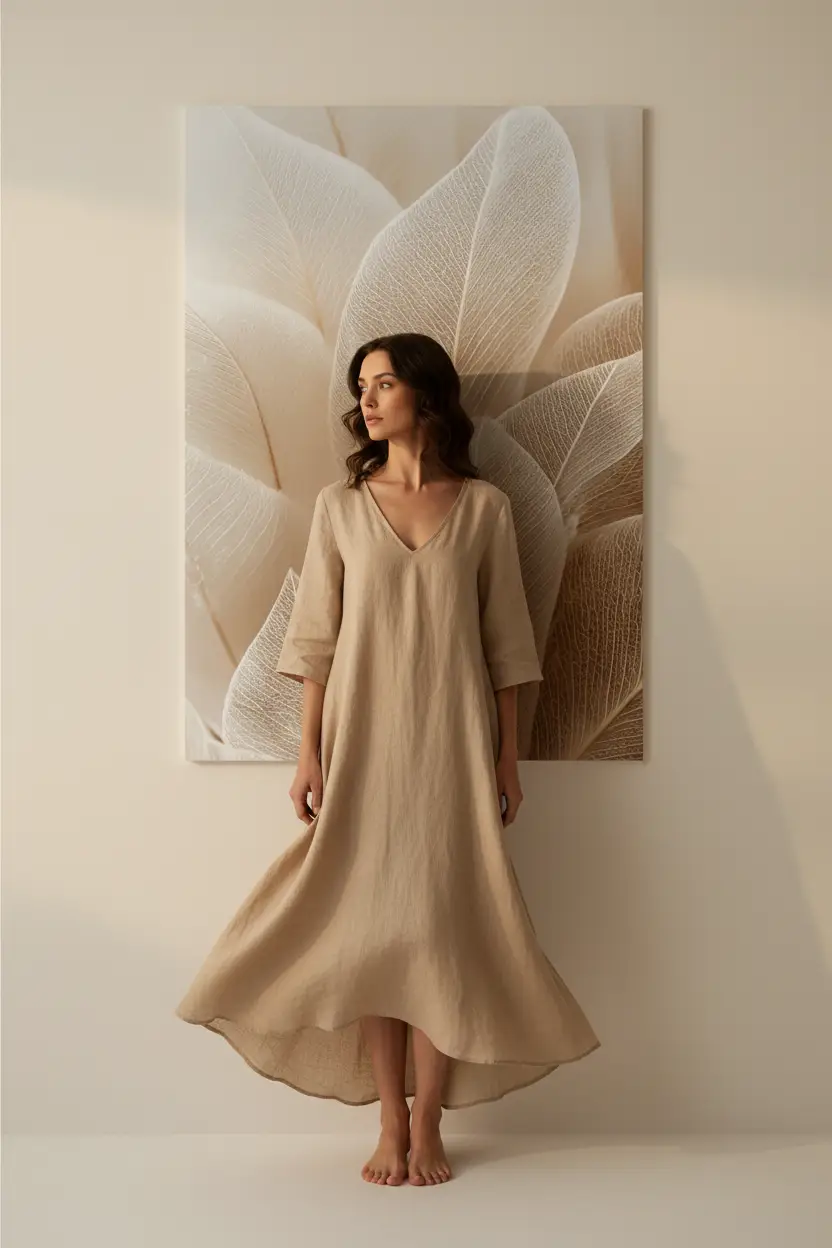 La Dentelle des Feuilles — Affiche murale minimaliste beige végétal translucide, affiche murale minimaliste avec cadre bois, décoration murale salon ou chambre, style méditerranéen