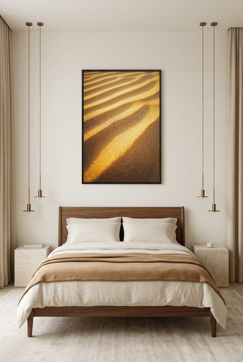 Les Sillons d’Or — poster in zwarte lijst in een slaapkamer