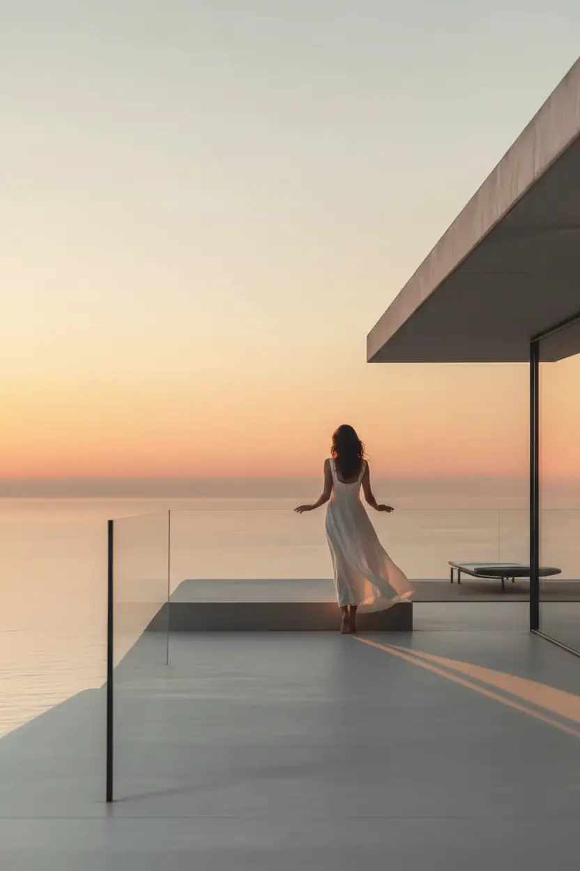 L’Heure Dorée — Affiche murale minimaliste pêche rosé béton mer coucher de soleil architecture — affiche murale minimaliste | Cassili-home