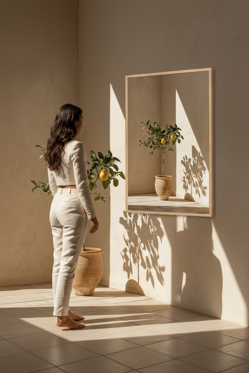 Affiche Le Citronnier de Terre Cuite en grand format dans un intérieur méditerranéen baigné de soleil — citronnier en jarre de terre cuite dans l'angle d'un mur ocre