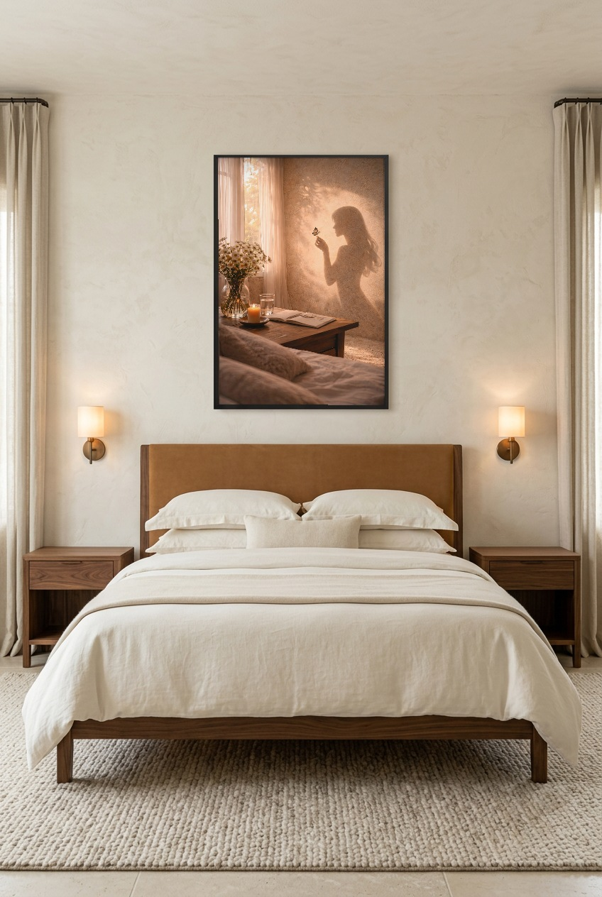 L’Instant Fragile — poster con cornice nera in una camera da letto