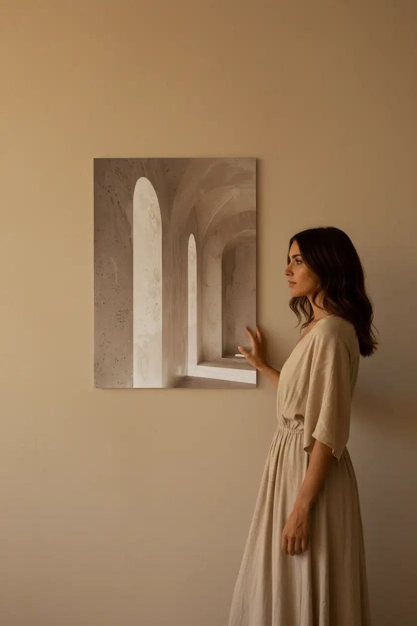 L'Allée des Voûtes — Affiche murale minimaliste beige architecture, affiche murale minimaliste avec cadre bois, décoration murale salon ou chambre, style méditerranéen