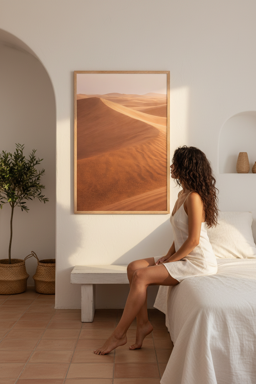La Mer de Sable — affiche murale dunes du désert, tons ocre et sable, intérieur méditerranéen