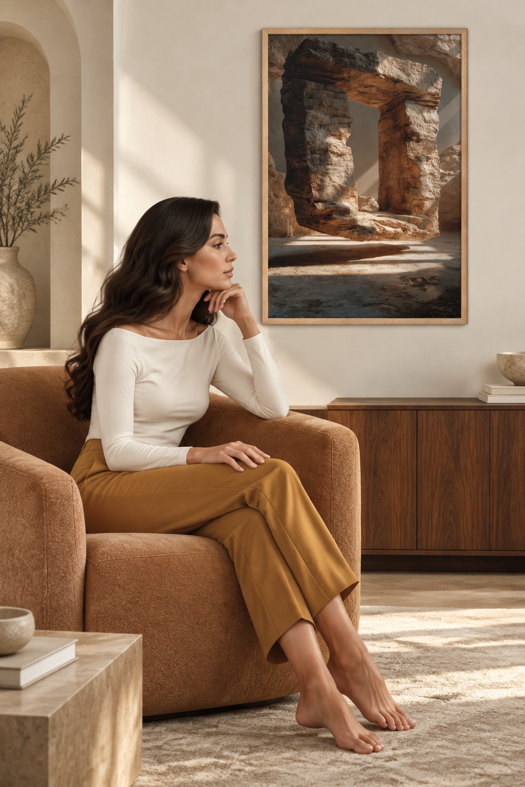 De Rotspoort — Égérie Cassili zit eronder in een fauteuil