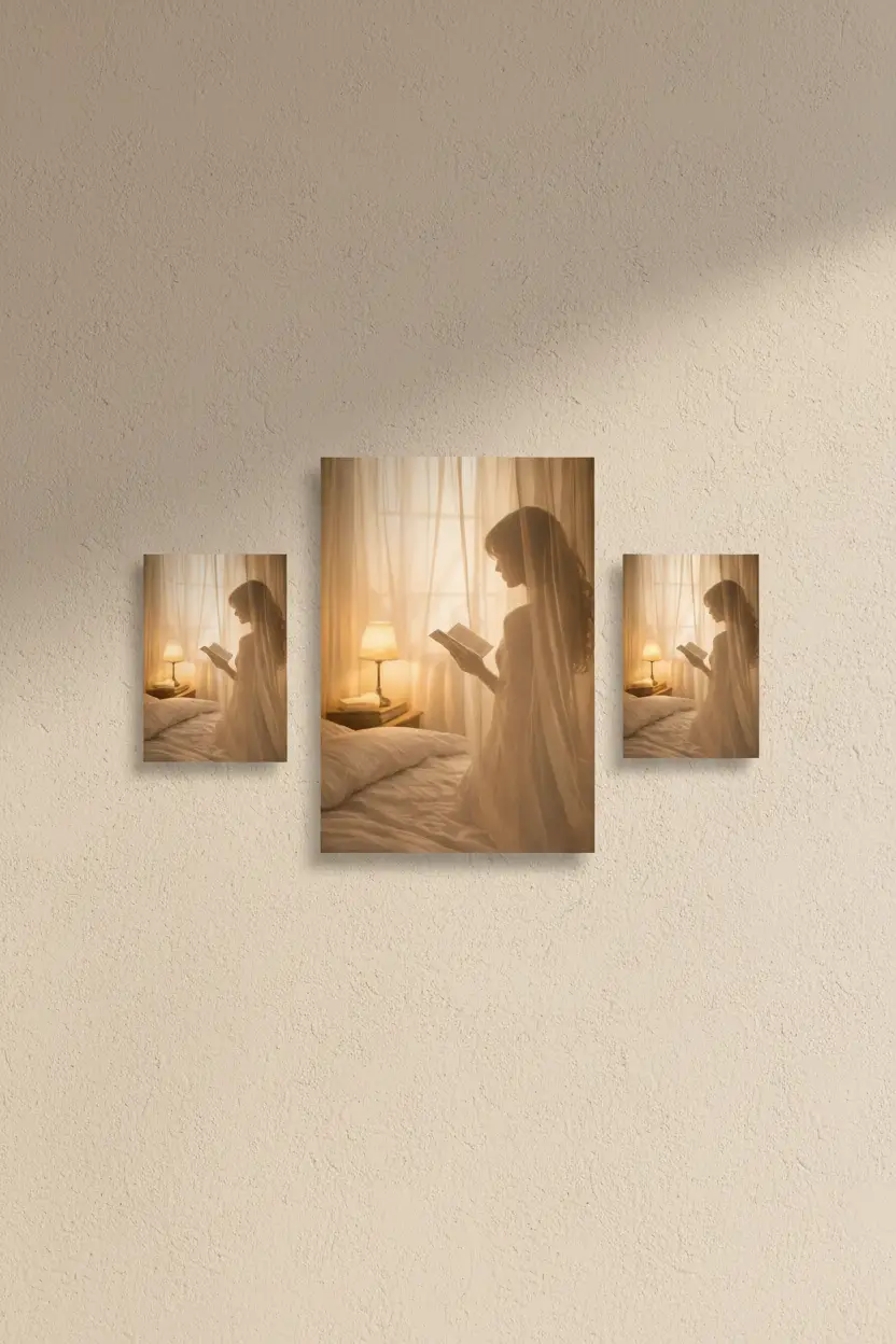 La Lectrice — Affiche murale minimaliste silhouette féminine lecture lumière dorée, affiche murale minimaliste avec cadre bois, décoration murale salon ou chambre, style méditerranéen