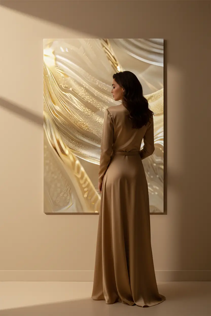 L’Or Fondu — Affiche murale minimaliste or doré verre abstrait luxe, affiche murale minimaliste avec cadre bois, décoration murale salon ou chambre, style méditerranéen