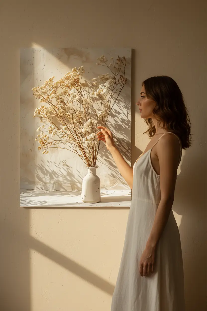 Le Bouquet d’Ivoire — Affiche murale minimaliste fleurs séchées ivoire vase céramique végétal, affiche murale minimaliste avec cadre bois, décoration murale salon ou chambre, style méditerranéen