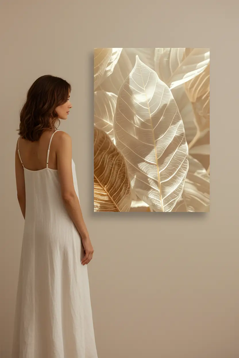 La Forêt de Lumière — Affiche murale minimaliste ivoire or feuilles translucides superposées, affiche murale minimaliste avec cadre bois, décoration murale salon ou chambre, style méditerranéen