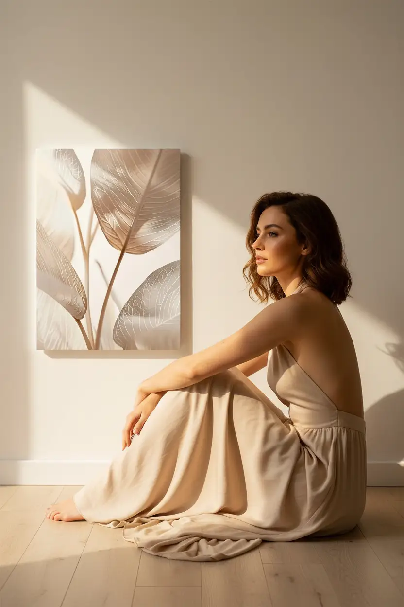 Les Feuilles d’Ivoire — Affiche murale minimaliste sable champagne végétal translucide, affiche murale minimaliste avec cadre bois, décoration murale salon ou chambre, style méditerranéen