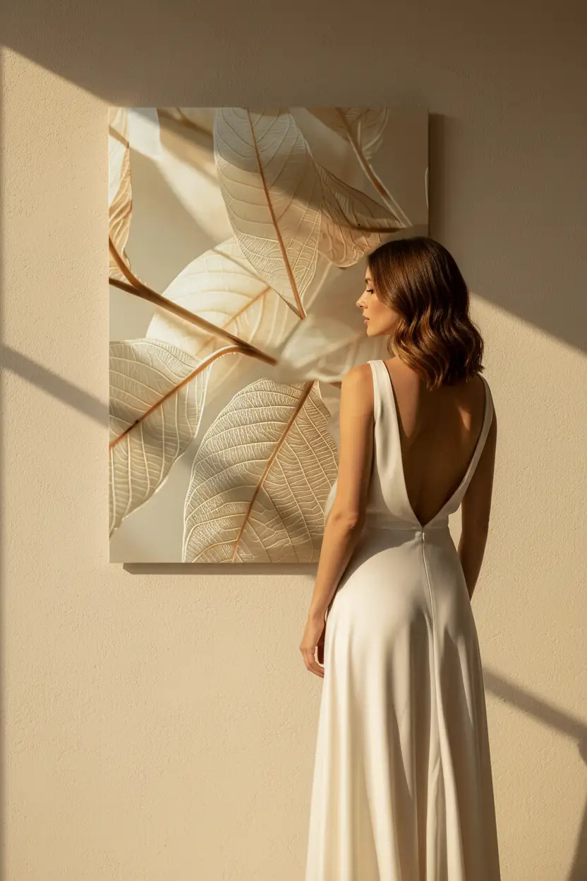 L’Or des Feuilles — Affiche murale minimaliste champagne doré feuilles nervures relief, affiche murale minimaliste avec cadre bois, décoration murale salon ou chambre, style méditerranéen