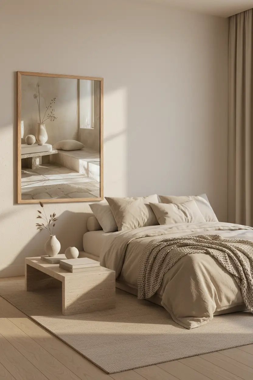 Le Salon de Travertin — Affiche murale minimaliste sable minéral, affiche murale minimaliste avec cadre bois, décoration murale salon ou chambre, style méditerranéen