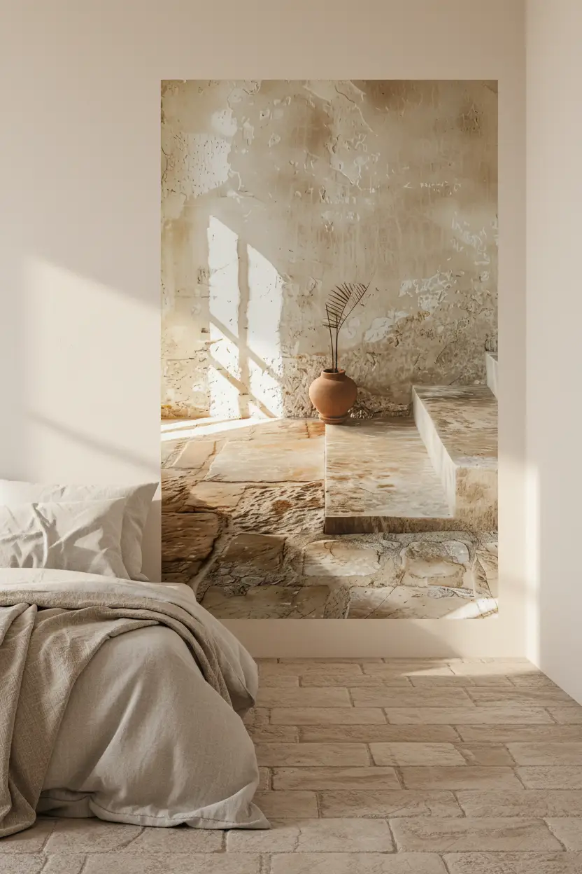 Le Vase sur la Marche — Affiche murale minimaliste sable architecture, affiche murale minimaliste avec cadre bois, décoration murale salon ou chambre, style méditerranéen
