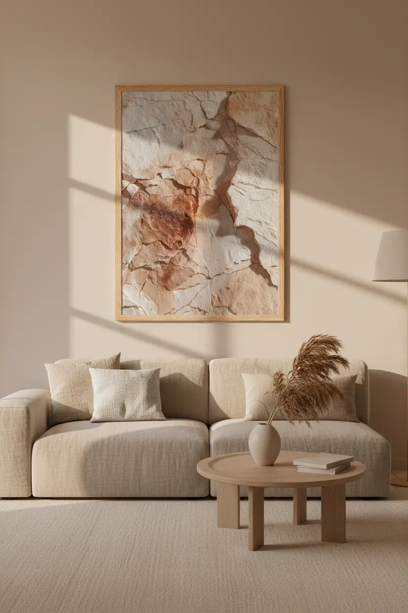 L'Éclat de Calcaire — Affiche murale minimaliste minérale sable, affiche murale minimaliste avec cadre bois, décoration murale salon ou chambre, style méditerranéen