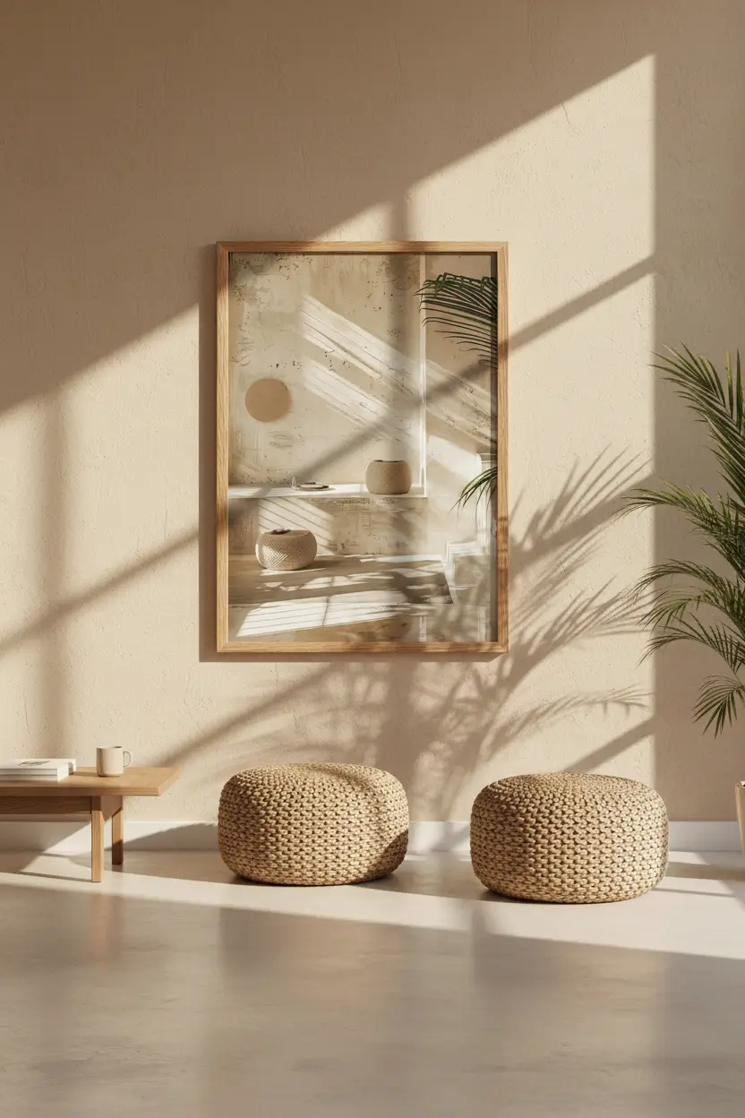 La Lumière des Poufs — Affiche murale minimaliste sable intérieur, affiche murale minimaliste avec cadre bois, décoration murale salon ou chambre, style méditerranéen