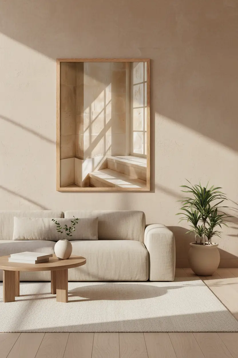 La Fenêtre de Pierre — Affiche murale minimaliste sable architecture, affiche murale minimaliste avec cadre bois, décoration murale salon ou chambre, style méditerranéen