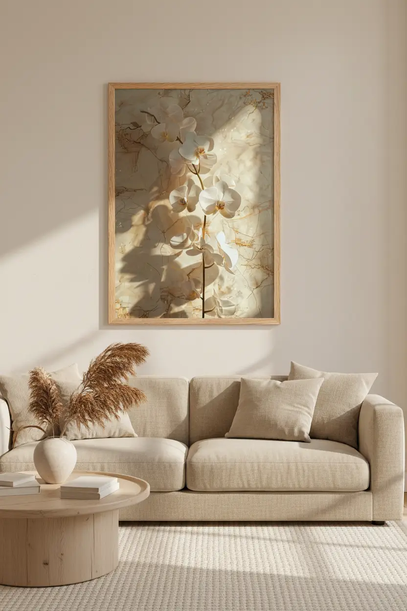 L'Orchidée Dorée — Affiche murale minimaliste florale ivoire, affiche murale minimaliste avec cadre bois, décoration murale salon ou chambre, style méditerranéen