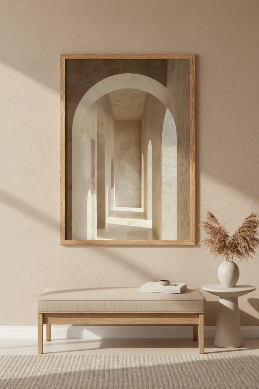 Le Couloir des Arches — Affiche murale minimaliste sable architecture, affiche murale minimaliste avec cadre bois, décoration murale salon ou chambre, style méditerranéen