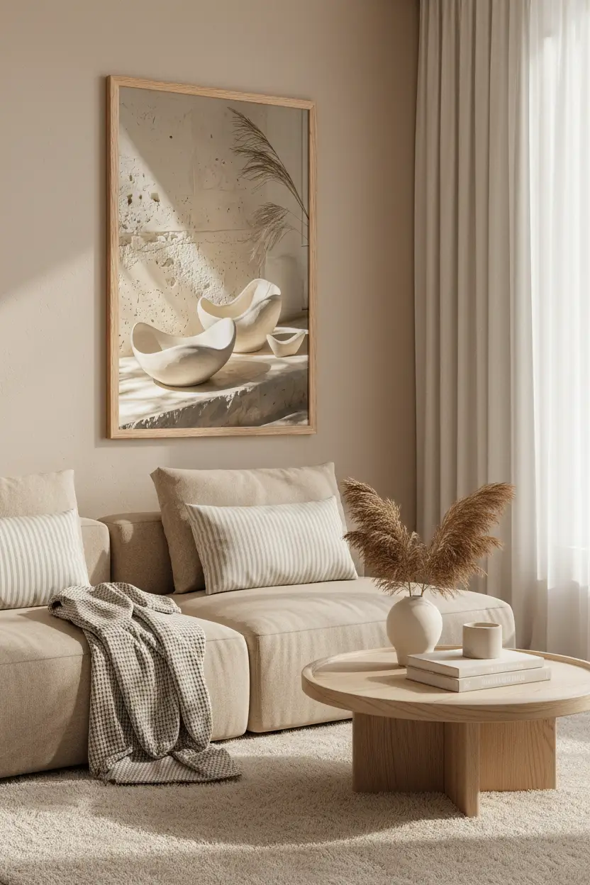 Les Céramiques Sculptées — Affiche murale minimaliste ivoire minéral, affiche murale minimaliste avec cadre bois, décoration murale salon ou chambre, style méditerranéen