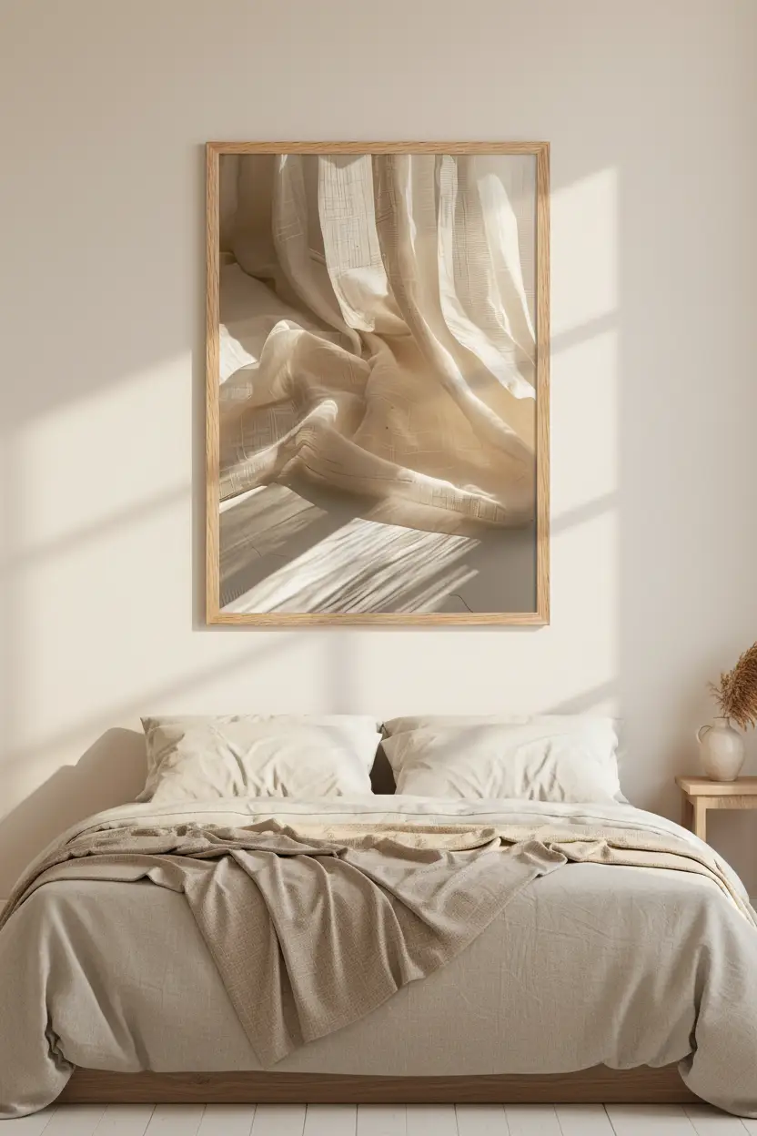 Le Rideau de Lin — Affiche murale minimaliste ivoire texture lumière, affiche murale minimaliste avec cadre bois, décoration murale salon ou chambre, style méditerranéen