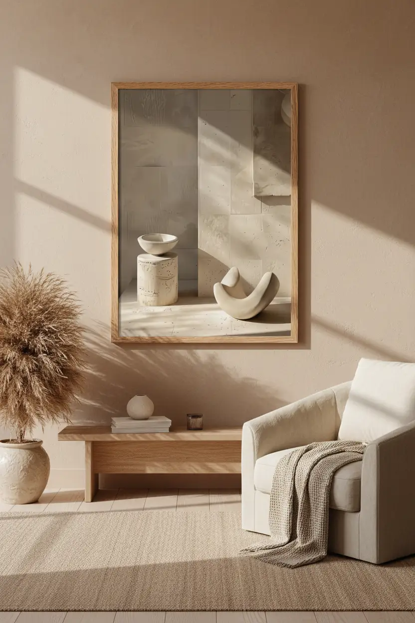 L'Offrande de Pierre — Affiche murale minimaliste sable minéral, affiche murale minimaliste avec cadre bois, décoration murale salon ou chambre, style méditerranéen