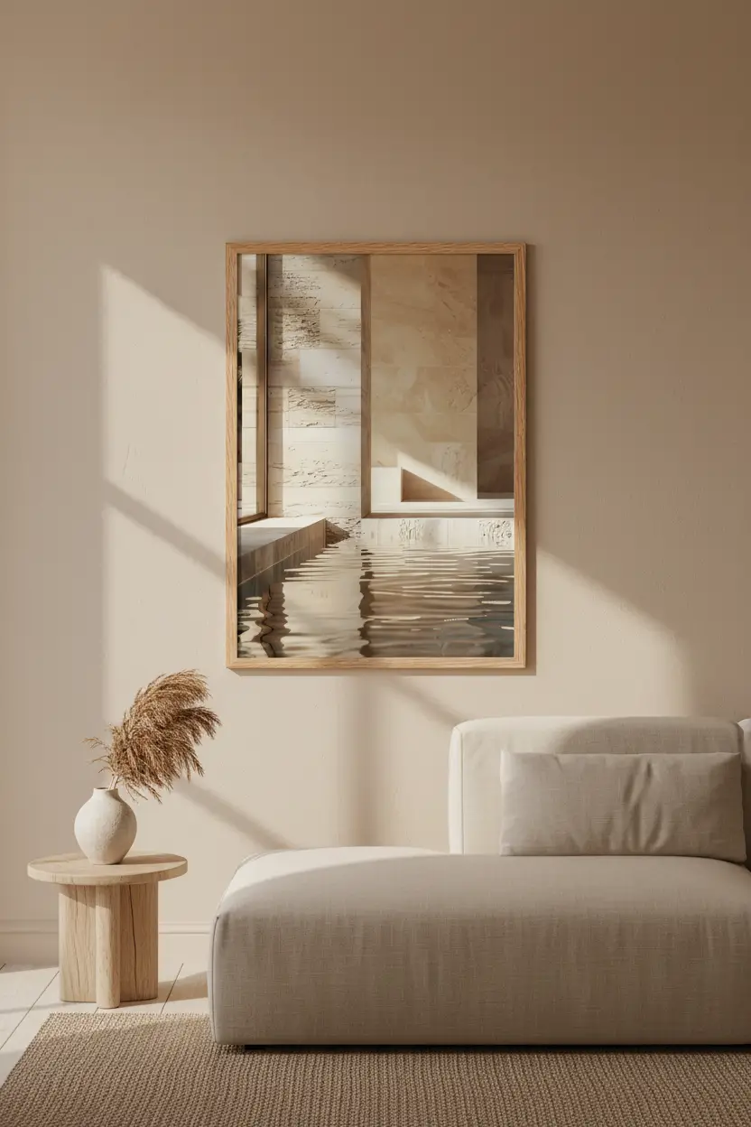 Le Bain de Travertin — Affiche murale minimaliste sable architecture, affiche murale minimaliste avec cadre bois, décoration murale salon ou chambre, style méditerranéen