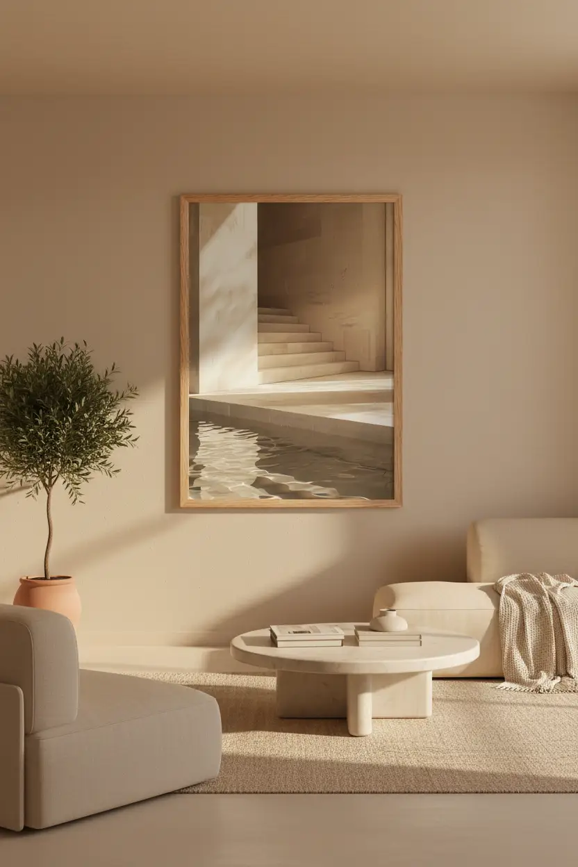 L'Escalier et le Bassin — Affiche murale minimaliste sable architecture, affiche murale minimaliste avec cadre bois, décoration murale salon ou chambre, style méditerranéen