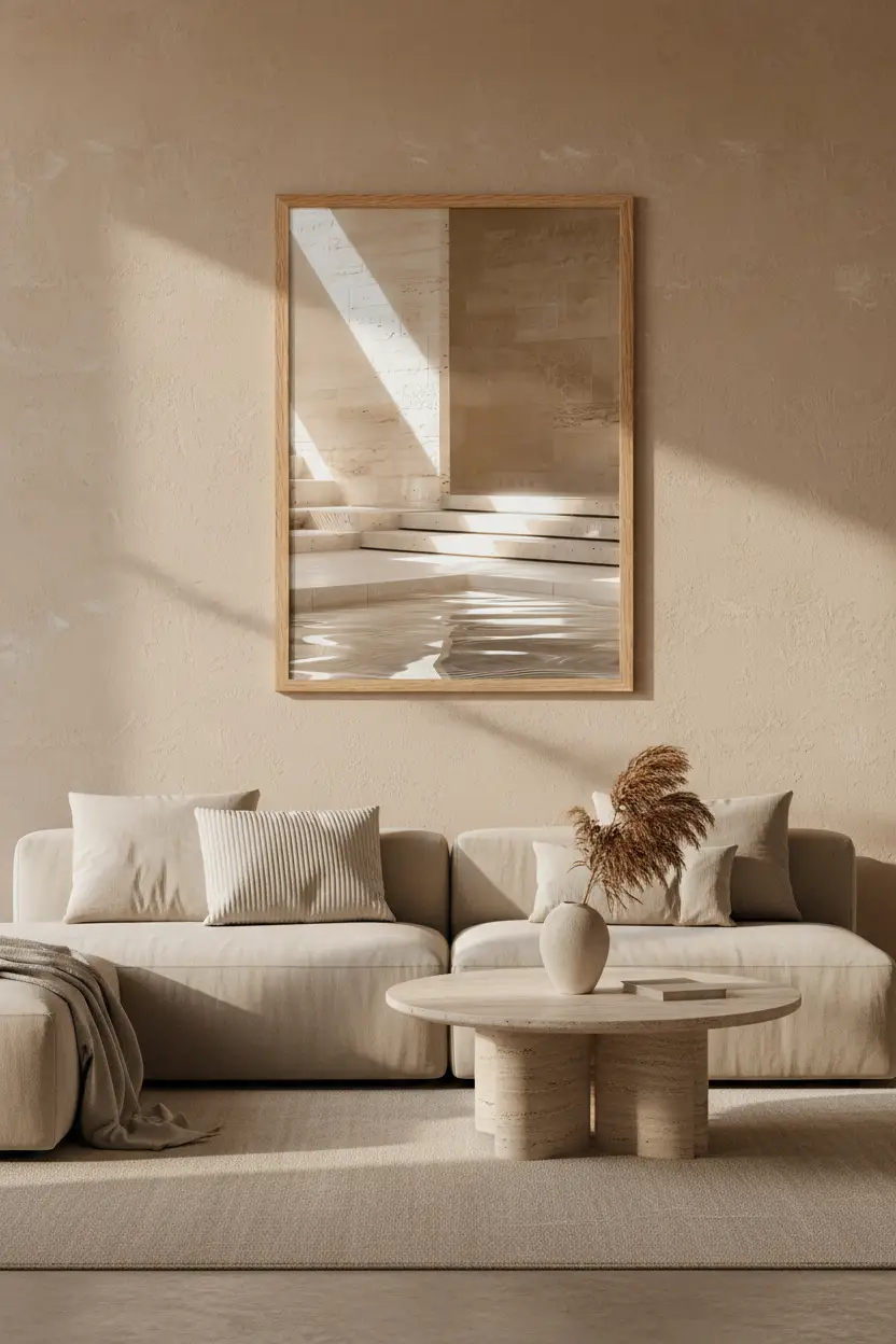 Le Bassin de Pierre — Affiche murale minimaliste sable architecture, affiche murale minimaliste avec cadre bois, décoration murale salon ou chambre, style méditerranéen