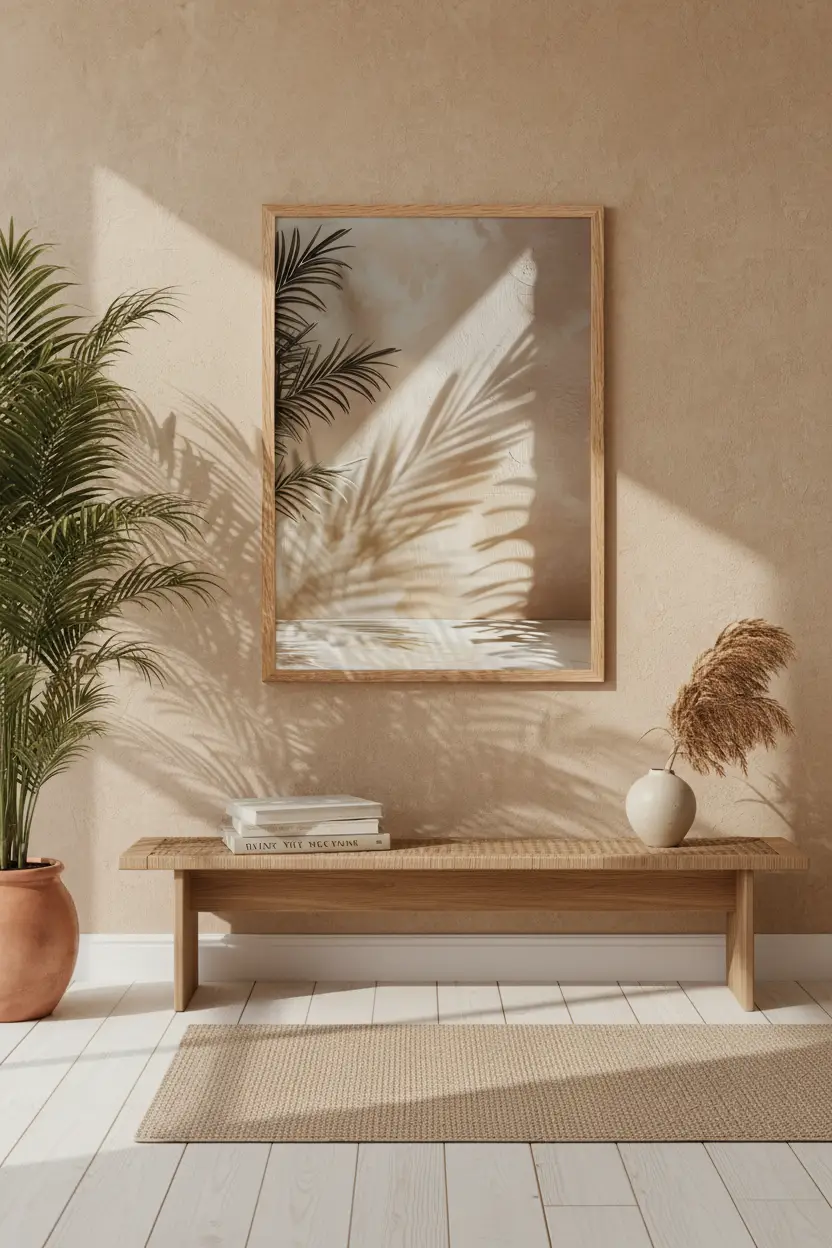 L'Areca et son Ombre — Affiche murale minimaliste sable végétal, affiche murale minimaliste avec cadre bois, décoration murale salon ou chambre, style méditerranéen