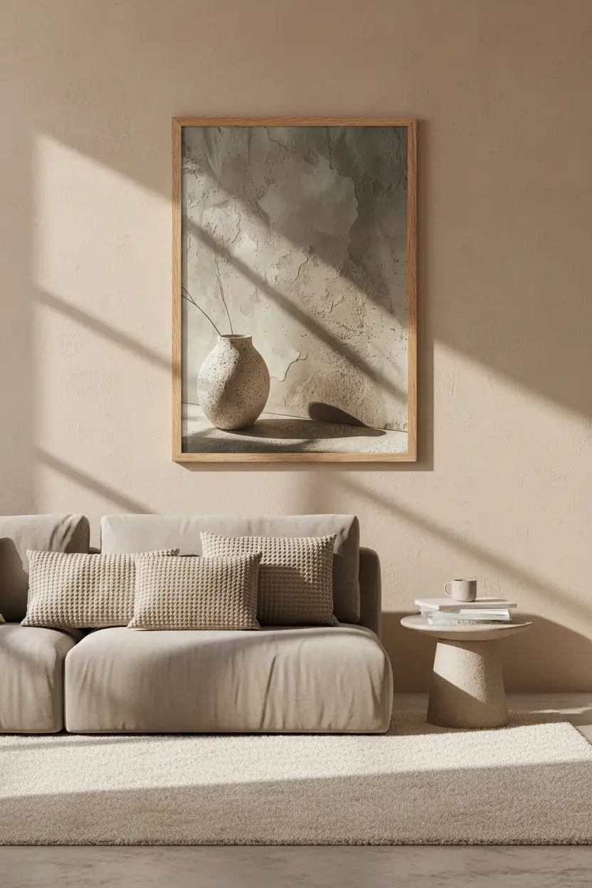 L'Ombre du Vase — Affiche murale minimaliste sable minéral, affiche murale minimaliste avec cadre bois, décoration murale salon ou chambre, style méditerranéen