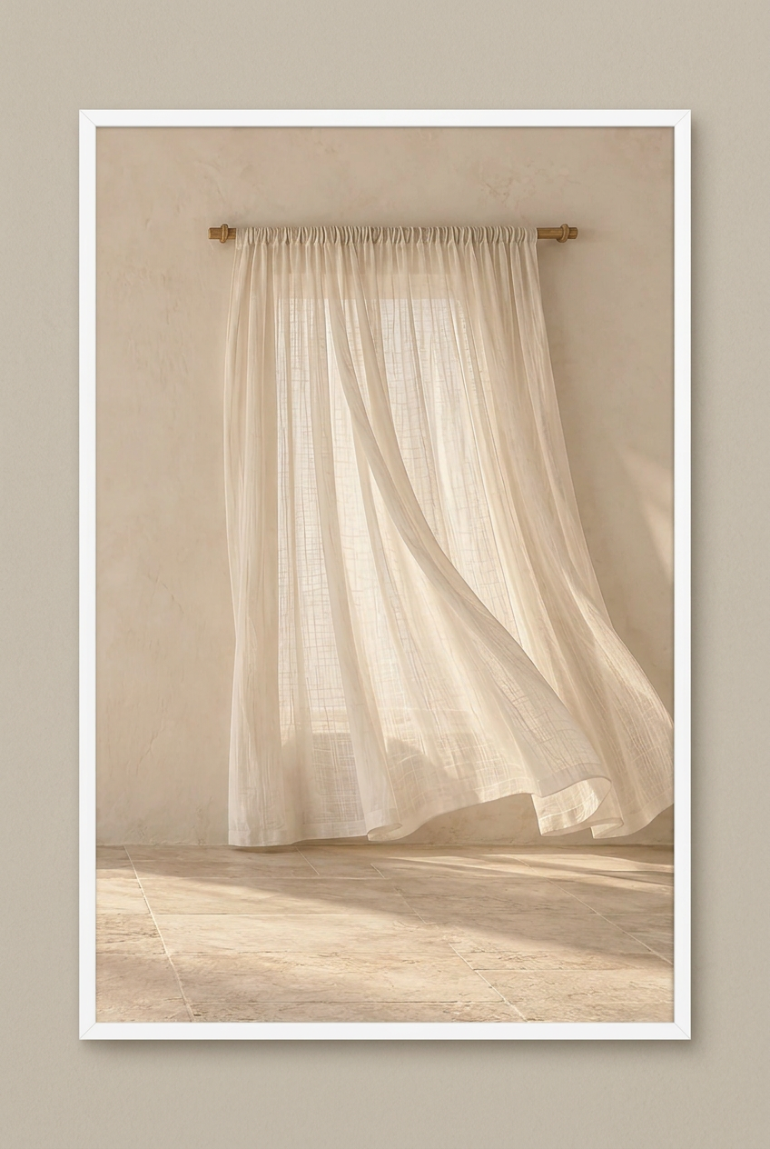 The Curtain in the Breeze — poster in a white frame on a light wall