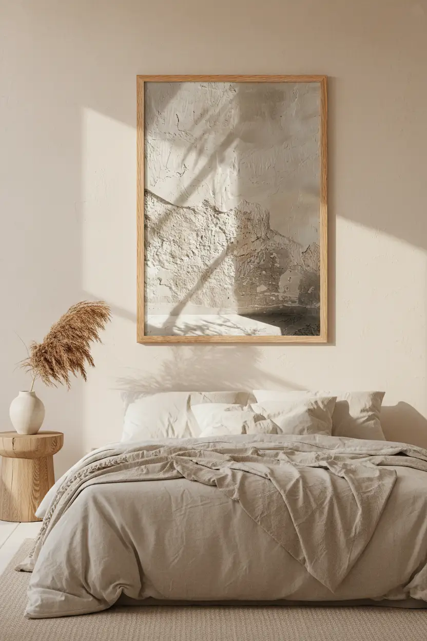 La Lumière sur l'Enduit — Affiche murale minimaliste sable minéral, affiche murale minimaliste avec cadre bois, décoration murale salon ou chambre, style méditerranéen