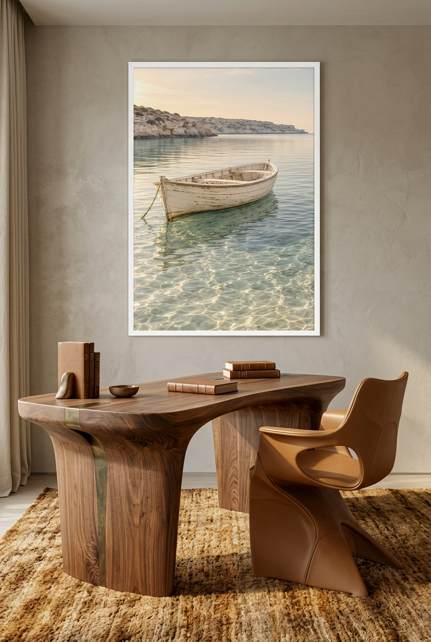 The White Boat — poster in a white frame in a home office