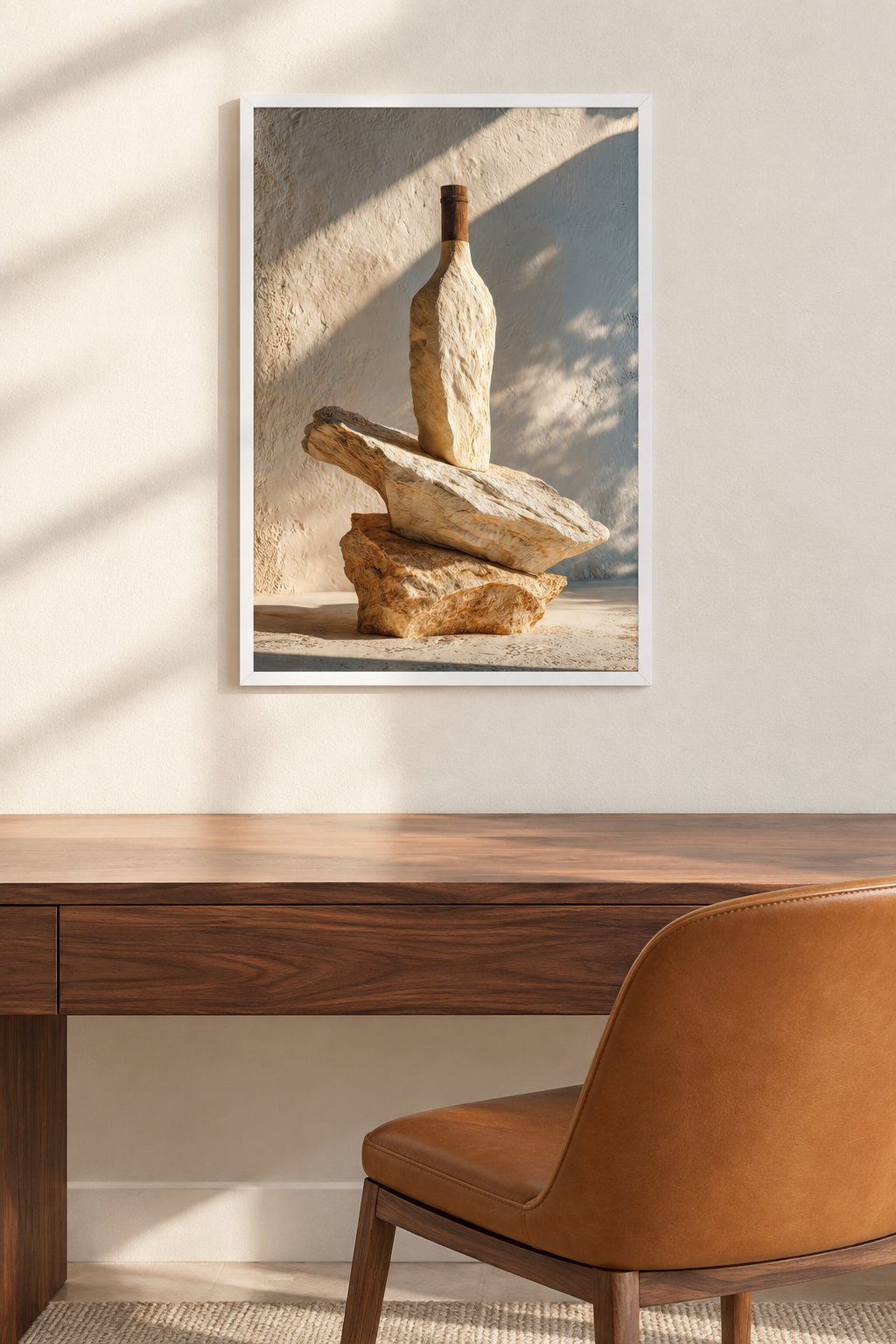 La Bottiglia d'Olio con cornice bianca in uno studio