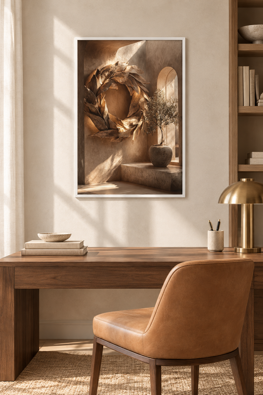 The Olive Wreath with a white frame in a home office