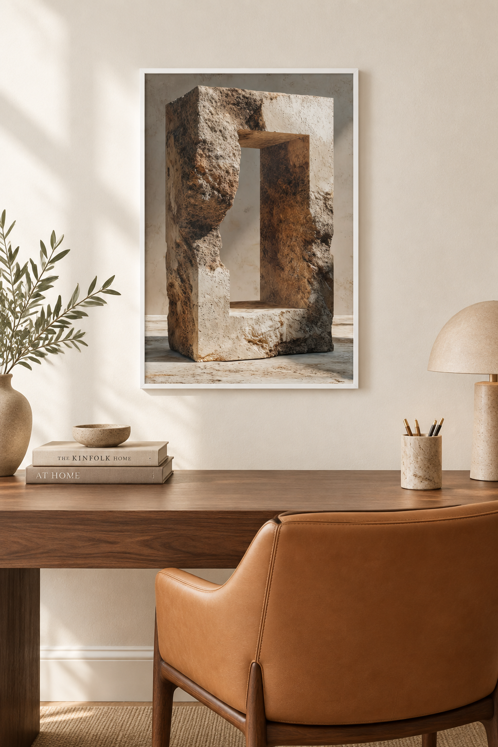 The Stone Aperture with a white frame in a home office