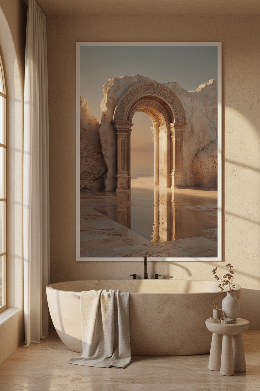 Affiche encadrée cadre blanc dans une salle de bain travertin avec baignoire îlot — L'Arche des Eaux, Cassili-home