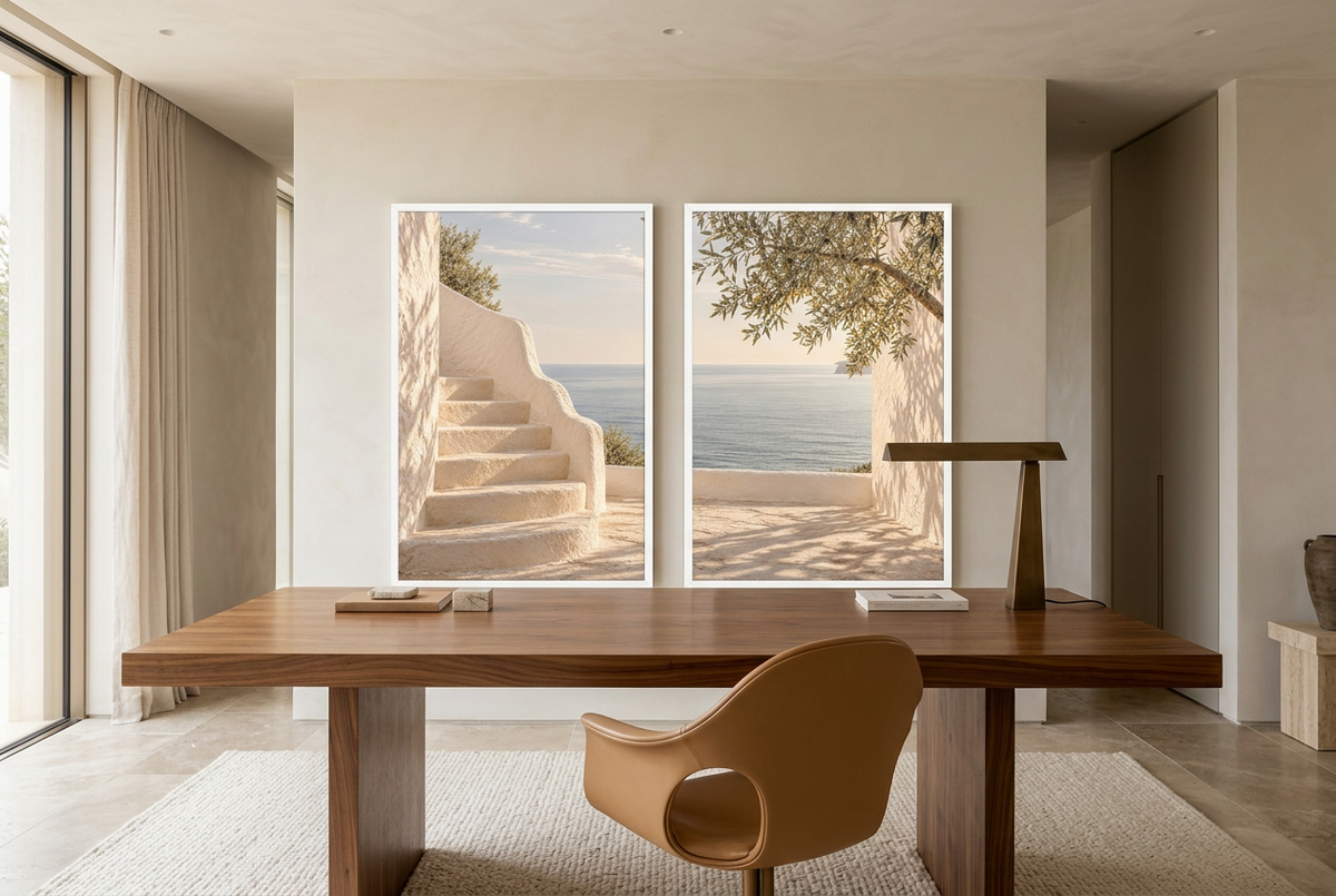 The Terrace by the Sea — wall diptych in white frames in a home office