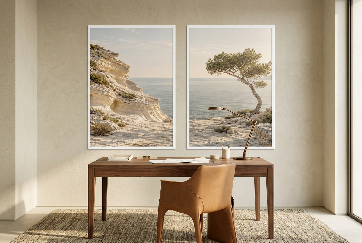 The Limestone Coast — wall diptych in white frames in a home office