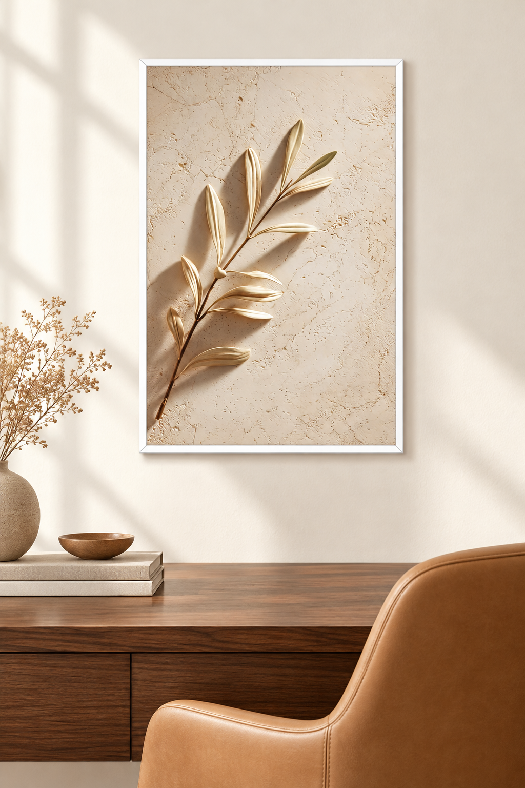 The Golden Branch with a white frame in a home office