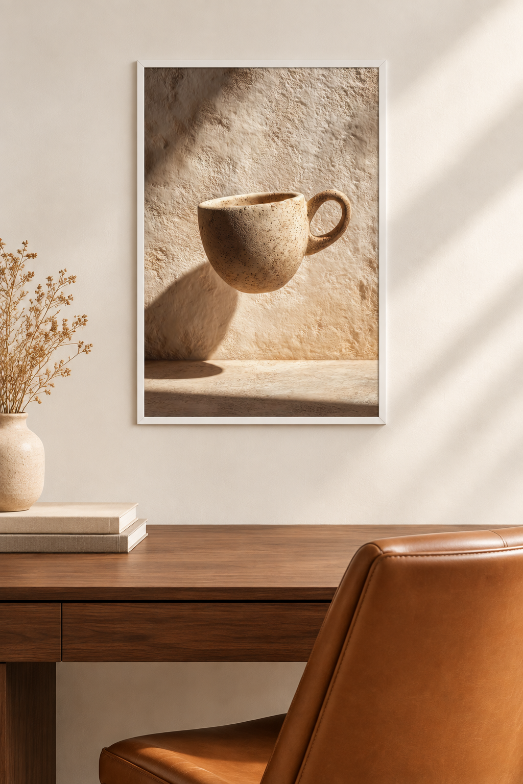 The Floating Cup with a white frame in a home office