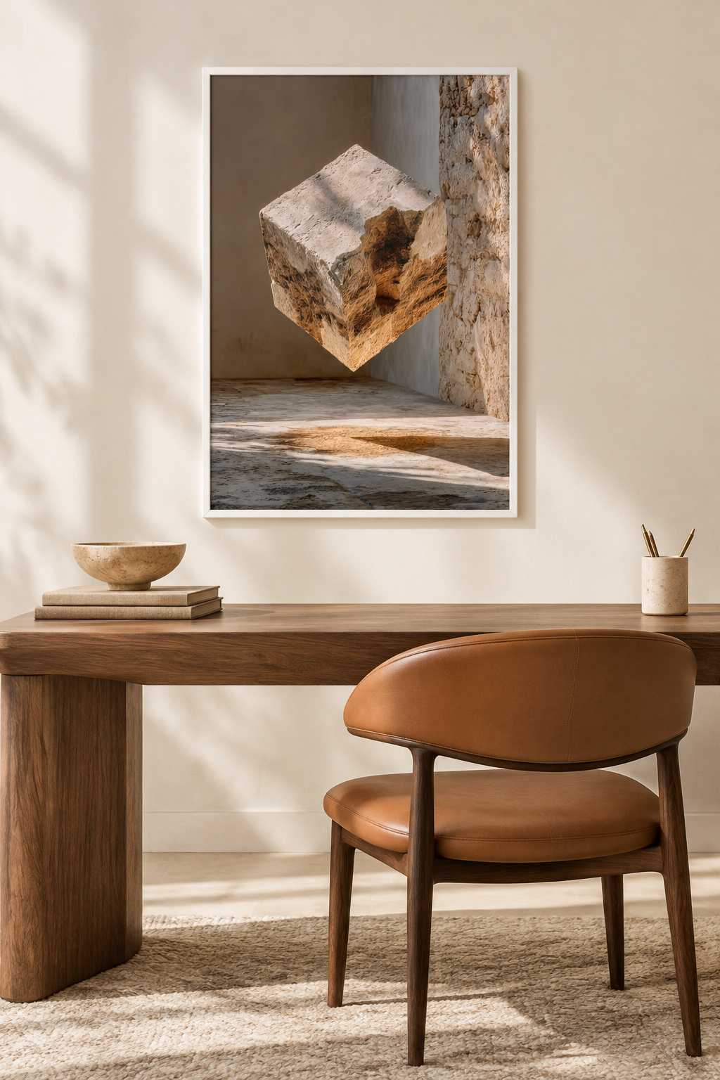 Il Cubo di Travertino con cornice bianca in uno studio