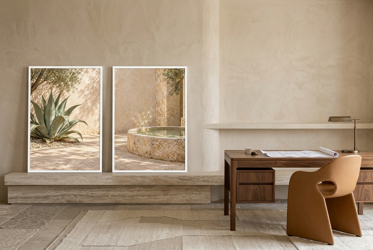 The Shaded Patio — wall diptych in white frames in a home office