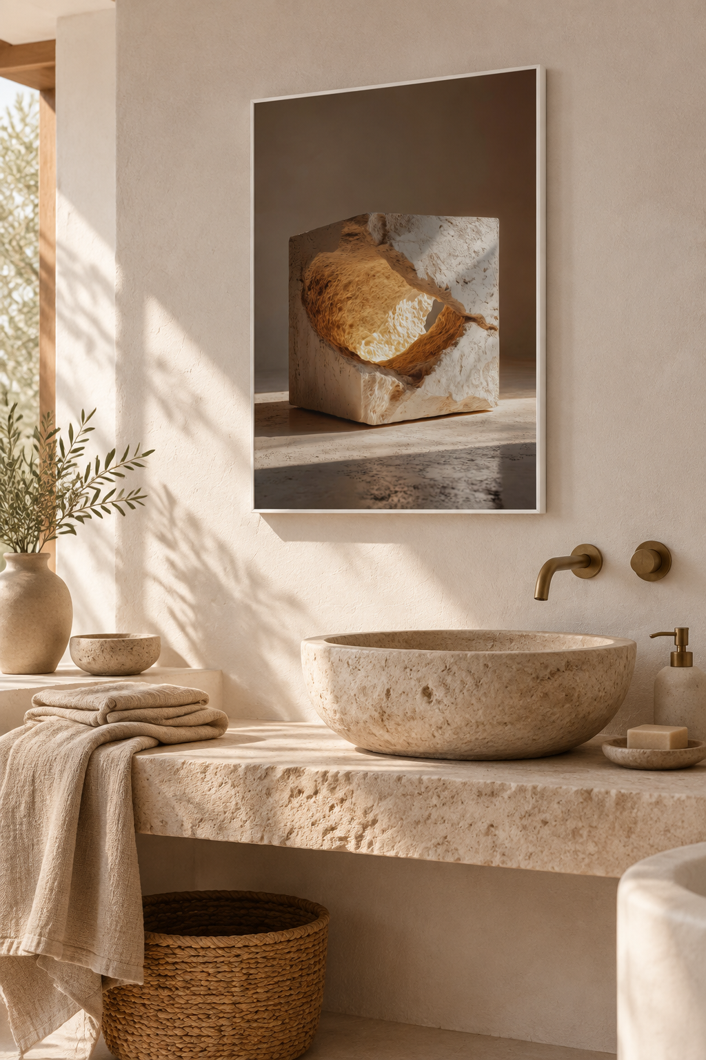 Poster The Golden Seam — split stone opening onto a golden core, in a bright white interior